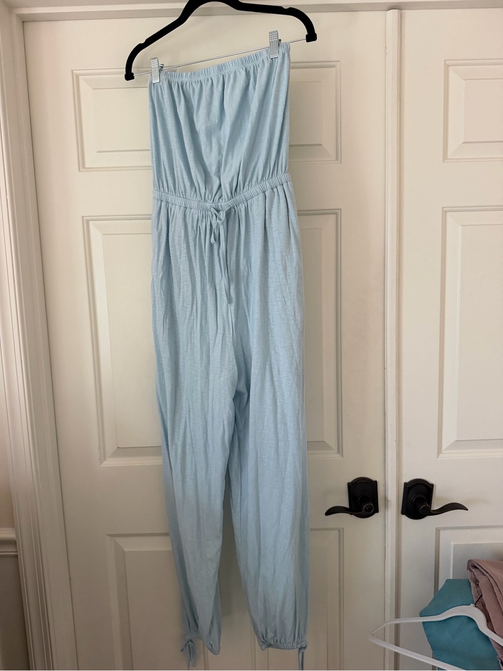 Light Blue Strapless Jumpsuit with Drawstring Waist